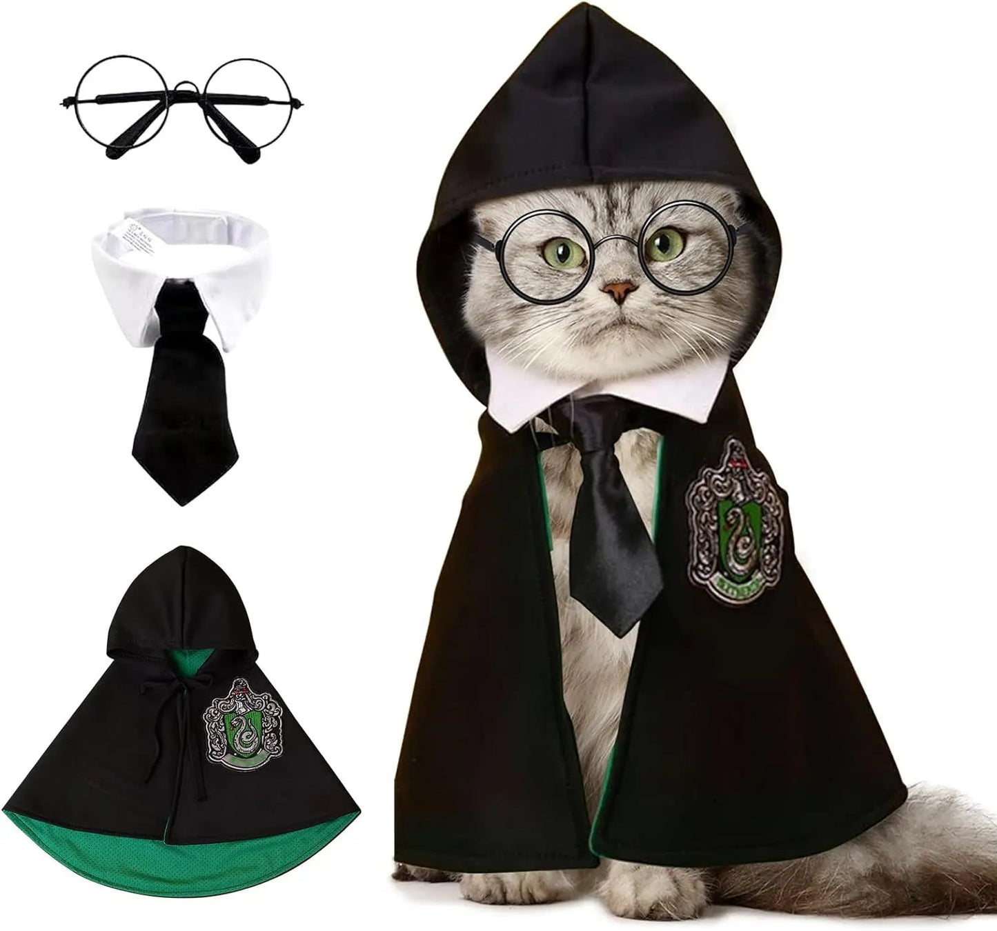 Halloween Pet Cloak Costume – Dog Cat Cosplay Magic Cloak with Glasses and Necktie, Cute Small Pet Clothes for Festivals