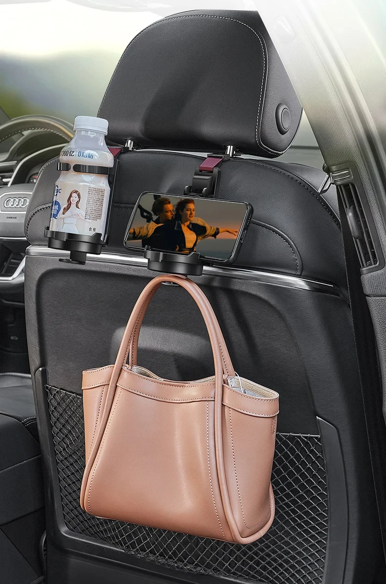 Multi-Purpose Car Seat Headrest Hook & Cup Holder – Ultimate Backseat Organizer for Bags and Drinks