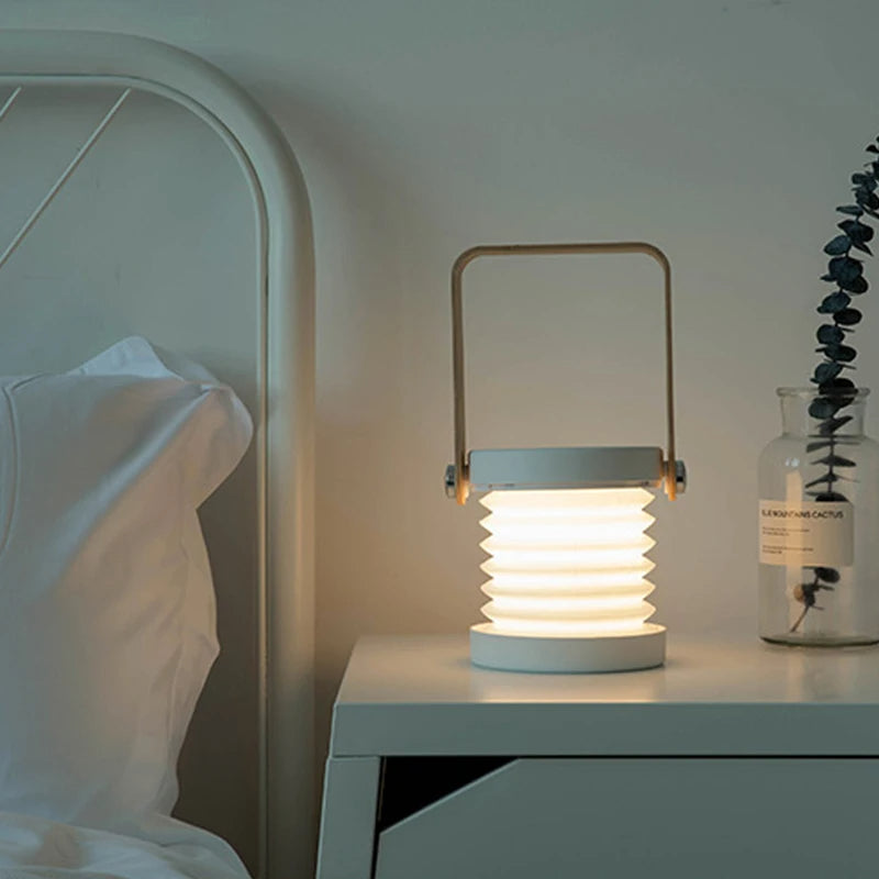 Collapsible LED Lantern with Wooden Handle – Portable Rechargeable Night Light & Reading Lamp for a Warm, Cozy Ambiance Anywhere