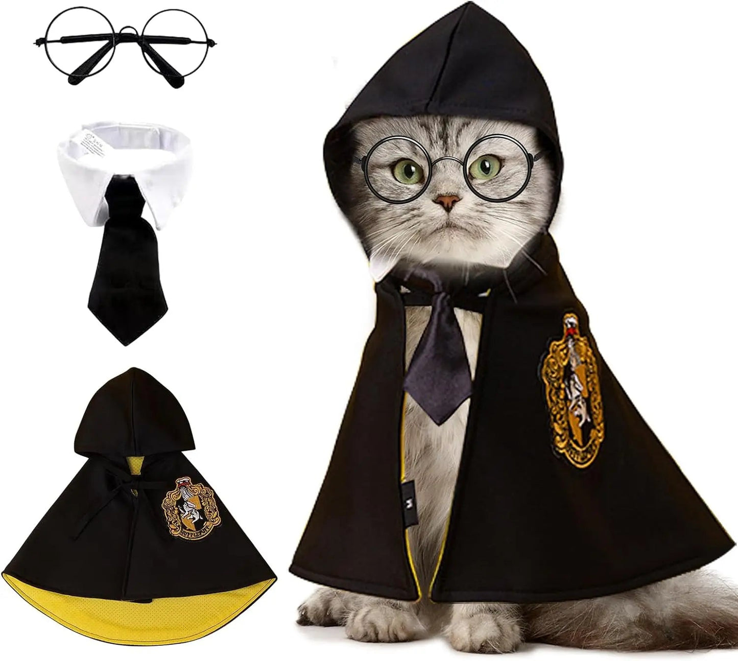 Halloween Pet Cloak Costume – Dog Cat Cosplay Magic Cloak with Glasses and Necktie, Cute Small Pet Clothes for Festivals