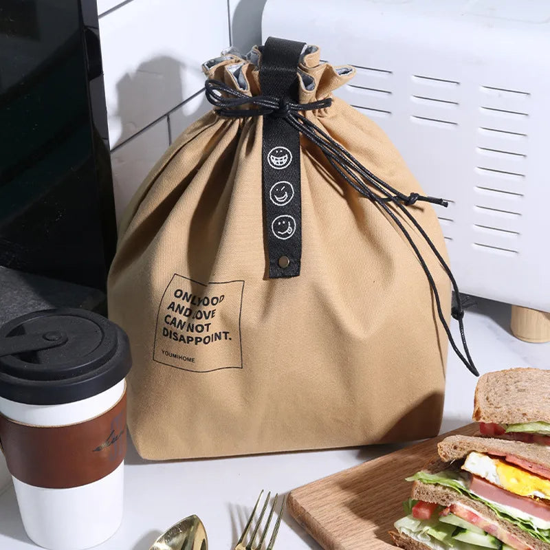 Drawstring Canvas Lunch Tote Bag – Insulated Fresh-Keeping Bento Box Carrier for School, Work, Picnics, and Daily Food Storage Style
