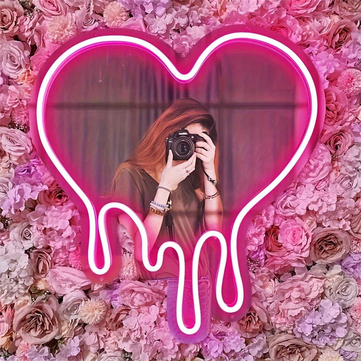 LED Melting Heart Neon Sign – Pink Mirror Wall Light for Romantic & Aesthetic Decor
