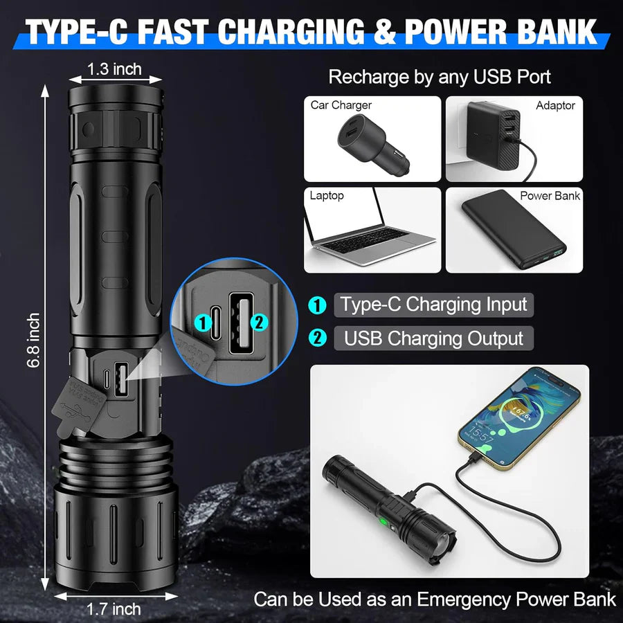Super Bright LED Tactical Flashlight Rechargeable 100000 LM