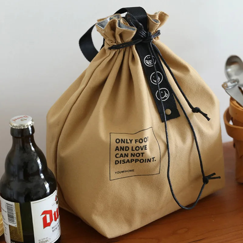 Drawstring Canvas Lunch Tote Bag – Insulated Fresh-Keeping Bento Box Carrier for School, Work, Picnics, and Daily Food Storage Style