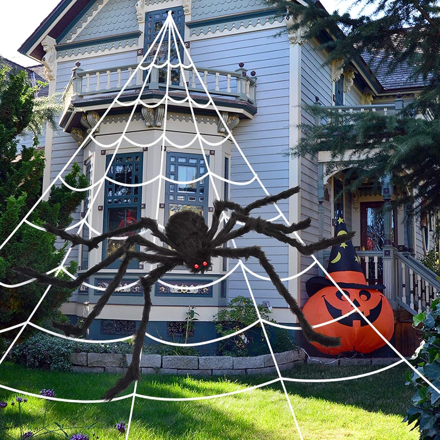 200 Inch Halloween Spider Web with 47 Inch Giant Spider – Outdoor Yard, Indoor Home & Party Decorations, Scary Haunted House Décor