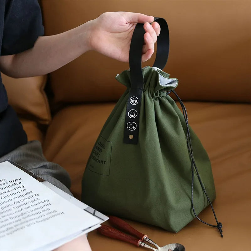 Drawstring Canvas Lunch Tote Bag – Insulated Fresh-Keeping Bento Box Carrier for School, Work, Picnics, and Daily Food Storage Style