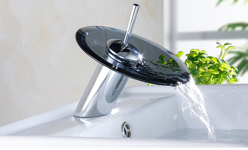 Chrome Waterfall Bathroom Faucet – Colorful Glass Basin Sink Mixer Tap, Single Lever Deck Mounted Round Design for Modern Home Bathrooms