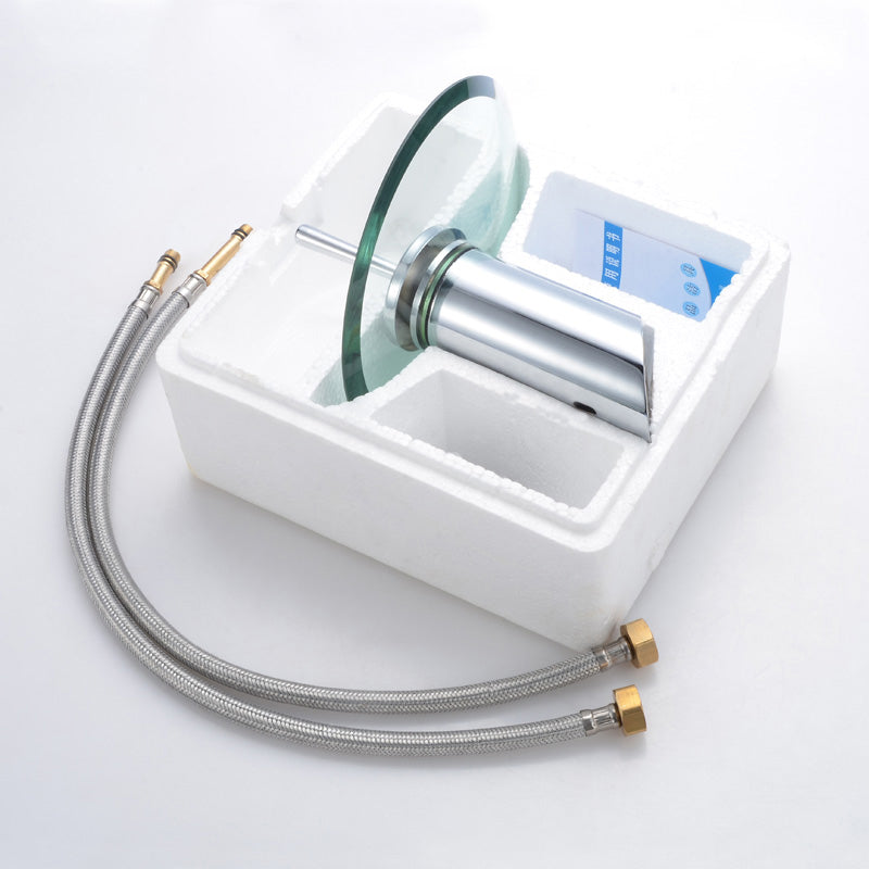 Chrome Waterfall Bathroom Faucet – Colorful Glass Basin Sink Mixer Tap, Single Lever Deck Mounted Round Design for Modern Home Bathrooms