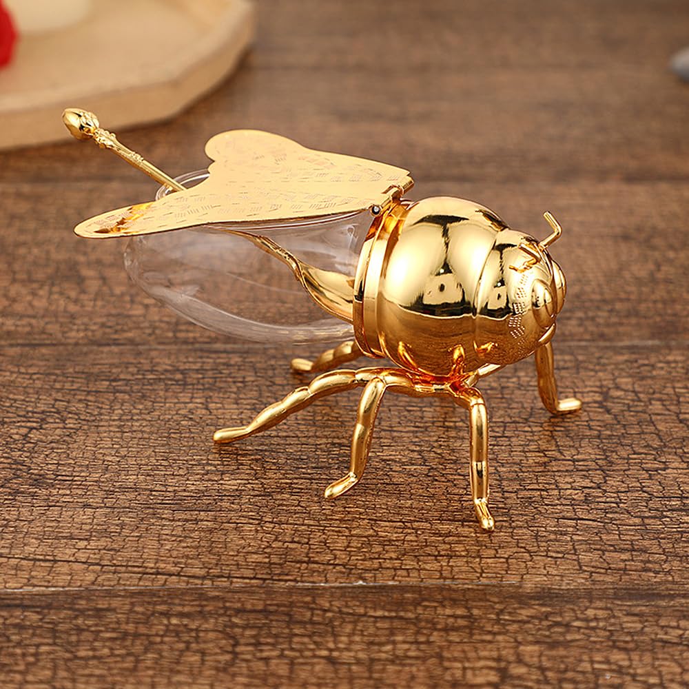 Metal Honey Container with Dipper – Decorative Gold Storage Jar for Kitchen, Dining, Gift-Giving and Bee-Themed Ornamental Function
