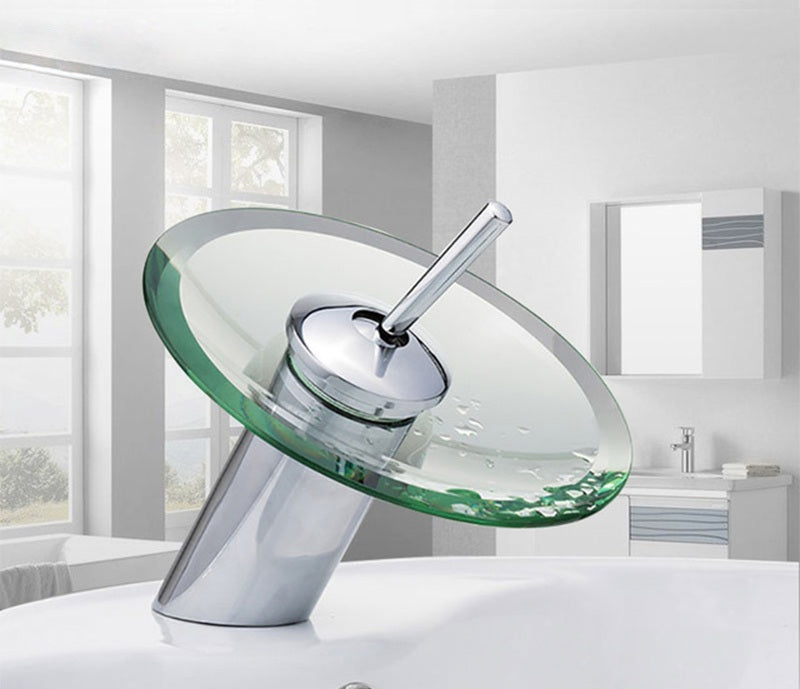Chrome Waterfall Bathroom Faucet – Colorful Glass Basin Sink Mixer Tap, Single Lever Deck Mounted Round Design for Modern Home Bathrooms
