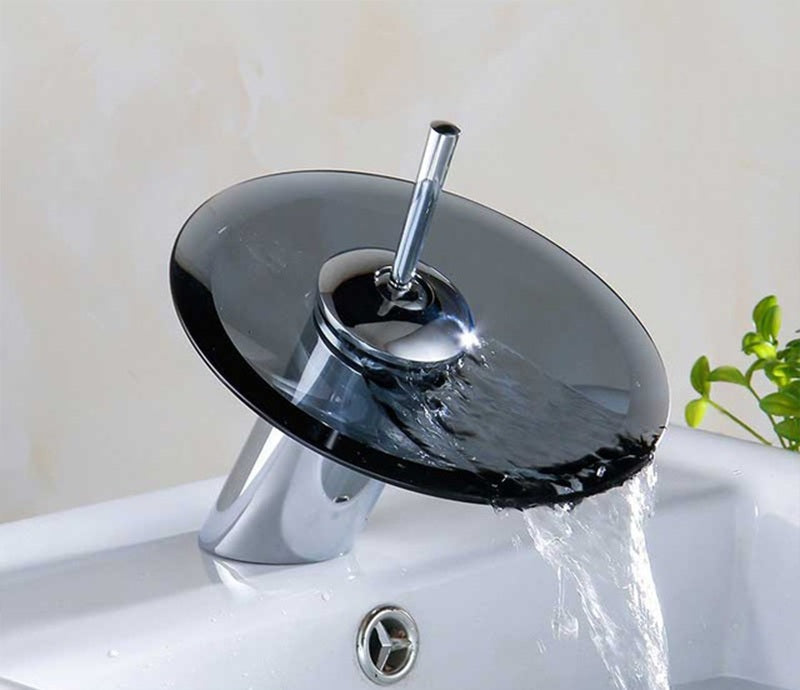 Chrome Waterfall Bathroom Faucet – Colorful Glass Basin Sink Mixer Tap, Single Lever Deck Mounted Round Design for Modern Home Bathrooms