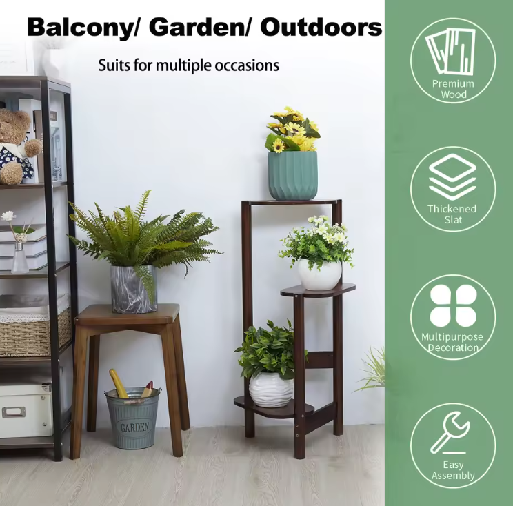 3 Tier Bamboo Tall Corner Plant Rack Planter Stand Flower Pot Holder