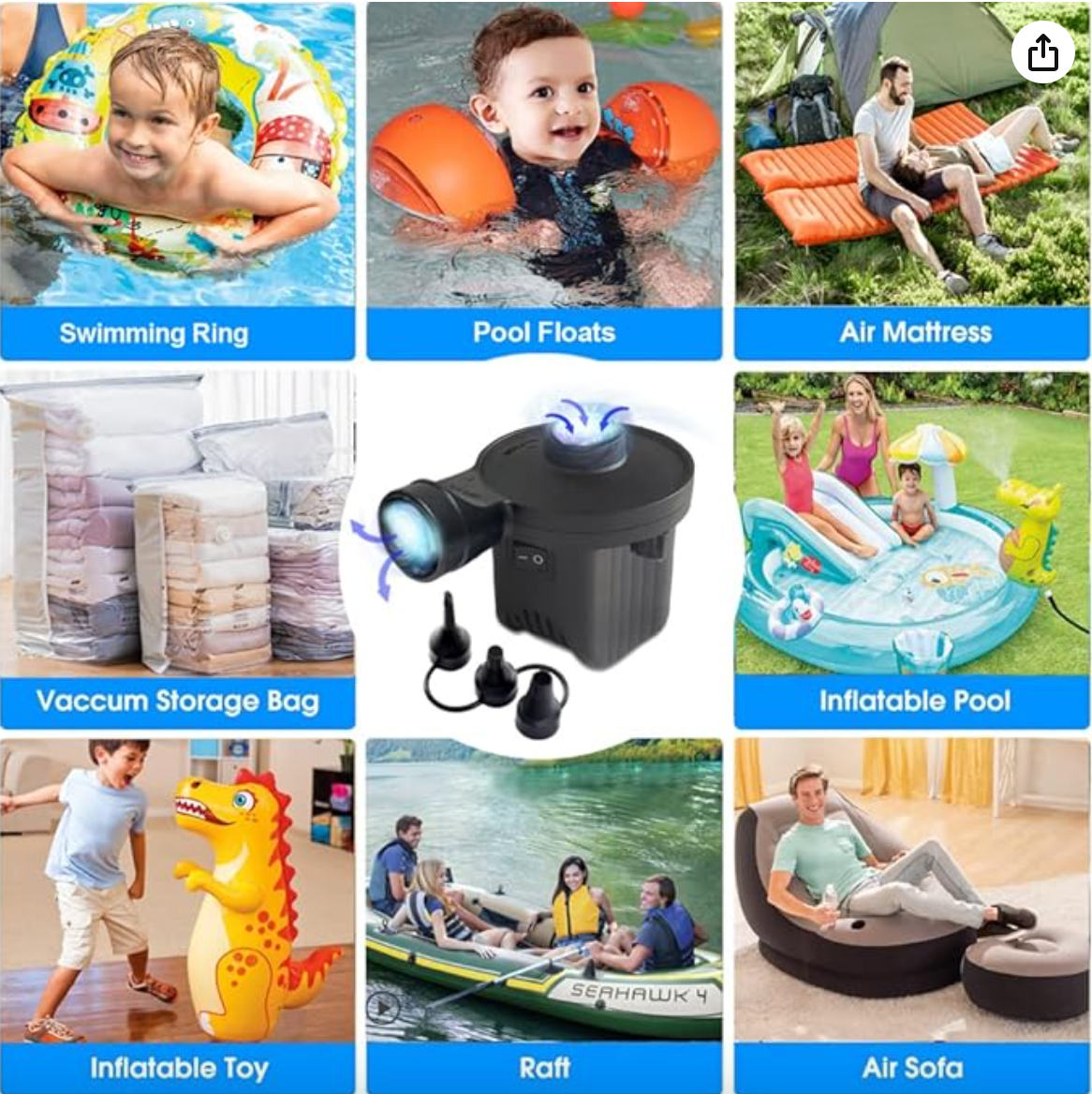 Electric Air Pump, Portable Quick-Fill Air Mattress Pumps for Inflatable Cushions with 3 Nozzles, 110V AC/12V DC