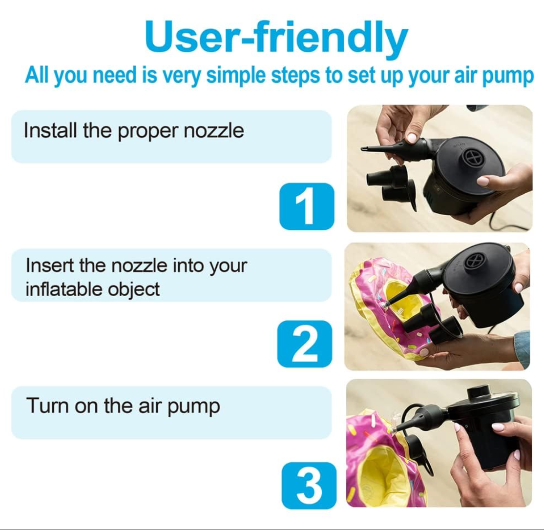 Electric Air Pump, Portable Quick-Fill Air Mattress Pumps for Inflatable Cushions with 3 Nozzles, 110V AC/12V DC