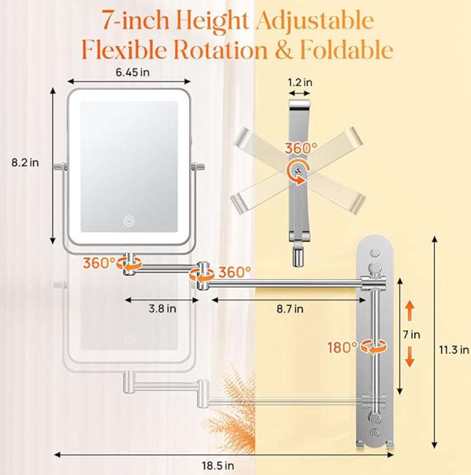 Height Adjustable Wall Mounted Lighted Makeup Mirror with Hooks, 3000mAh Rechargeable with 1X/10X Magnification, 3 Light Colors and Stepless Dimming for Bathroom