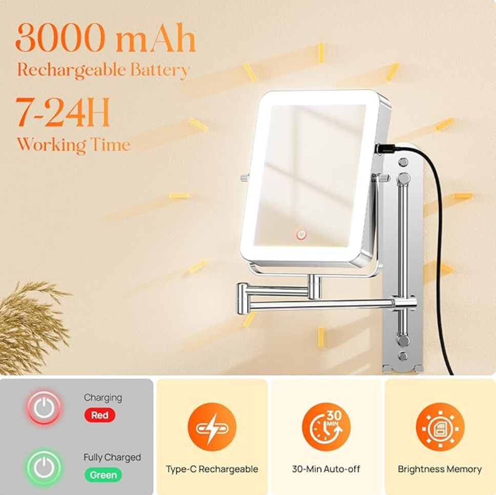 Height Adjustable Wall Mounted Lighted Makeup Mirror with Hooks, 3000mAh Rechargeable with 1X/10X Magnification, 3 Light Colors and Stepless Dimming for Bathroom