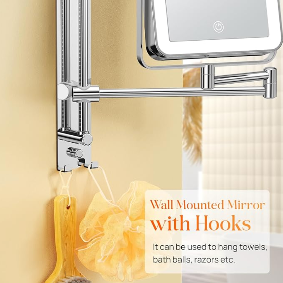 Height Adjustable Wall Mounted Lighted Makeup Mirror with Hooks, 3000mAh Rechargeable with 1X/10X Magnification, 3 Light Colors and Stepless Dimming for Bathroom
