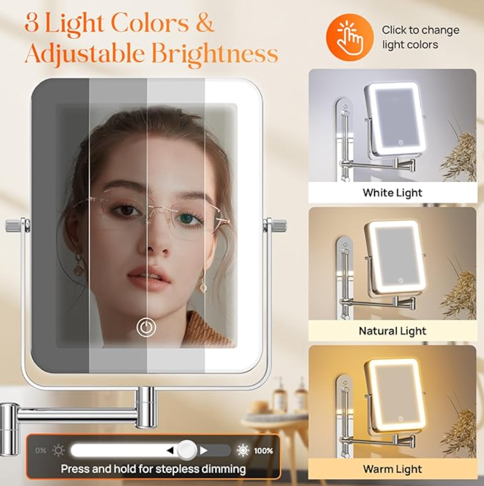 Height Adjustable Wall Mounted Lighted Makeup Mirror with Hooks, 3000mAh Rechargeable with 1X/10X Magnification, 3 Light Colors and Stepless Dimming for Bathroom