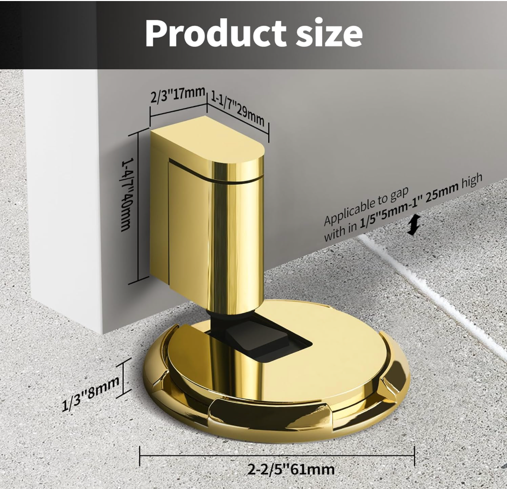 Windproof Door Stoppers Indoor Adjustable Safety Bottom of Door Holder No Drilling Heavy Duty Mechanical Floor Door Stop with Screws and Adhesive Polished Gold
