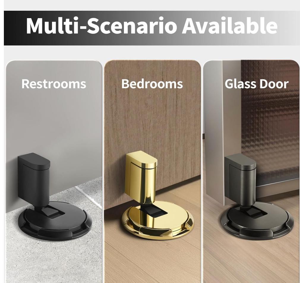 Windproof Door Stoppers Indoor Adjustable Safety Bottom of Door Holder No Drilling Heavy Duty Mechanical Floor Door Stop with Screws and Adhesive Polished Gold