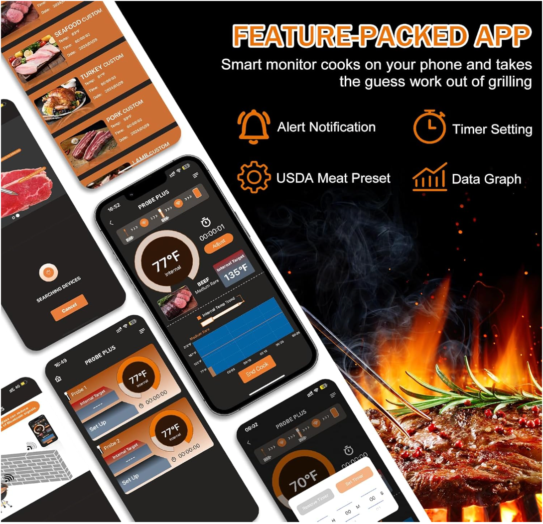Wireless Meat Thermometer 4 Probe, 500FT Range Bluetooth Meat Thermometers, Smart App for iOS & Android, Highly-Sensitive Food Thermometer, Perfect for BBQ, Oven, Grill, Kitchen, Smoker & Rotisserie