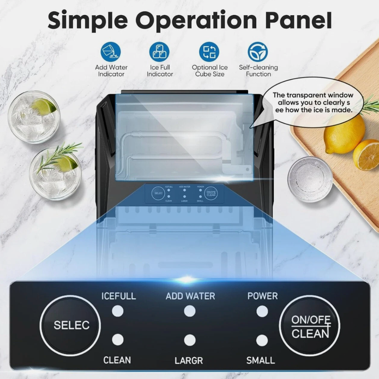 Countertop Ice Maker Portable Ice Machine Self-Cleaning 9 Cubes in 6 Mins 26 lbs