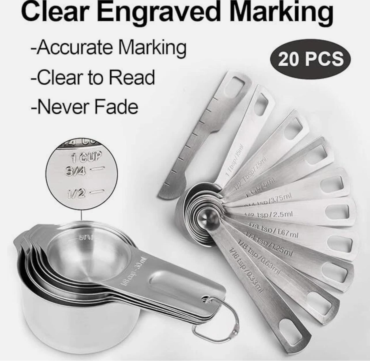 20 Pcs Measuring Cups and Measuring Spoons Set Stainless Steel Measure Cup Set