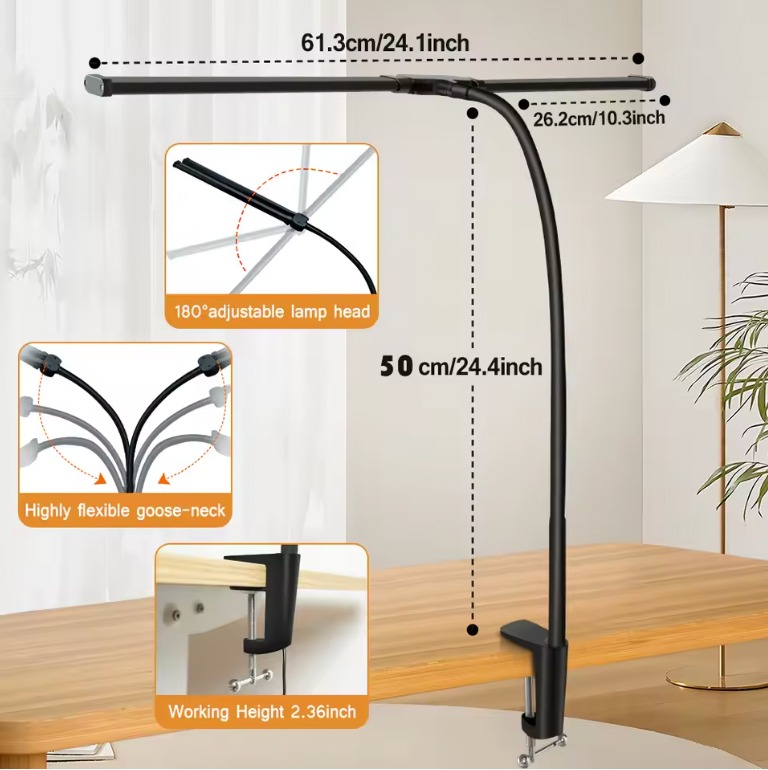 Double Single Head LED Architect Desk Lamp – 18W Eye-Caring Task Light with 3 Modes & 6 Brightness Levels for Office, Workbench & Study