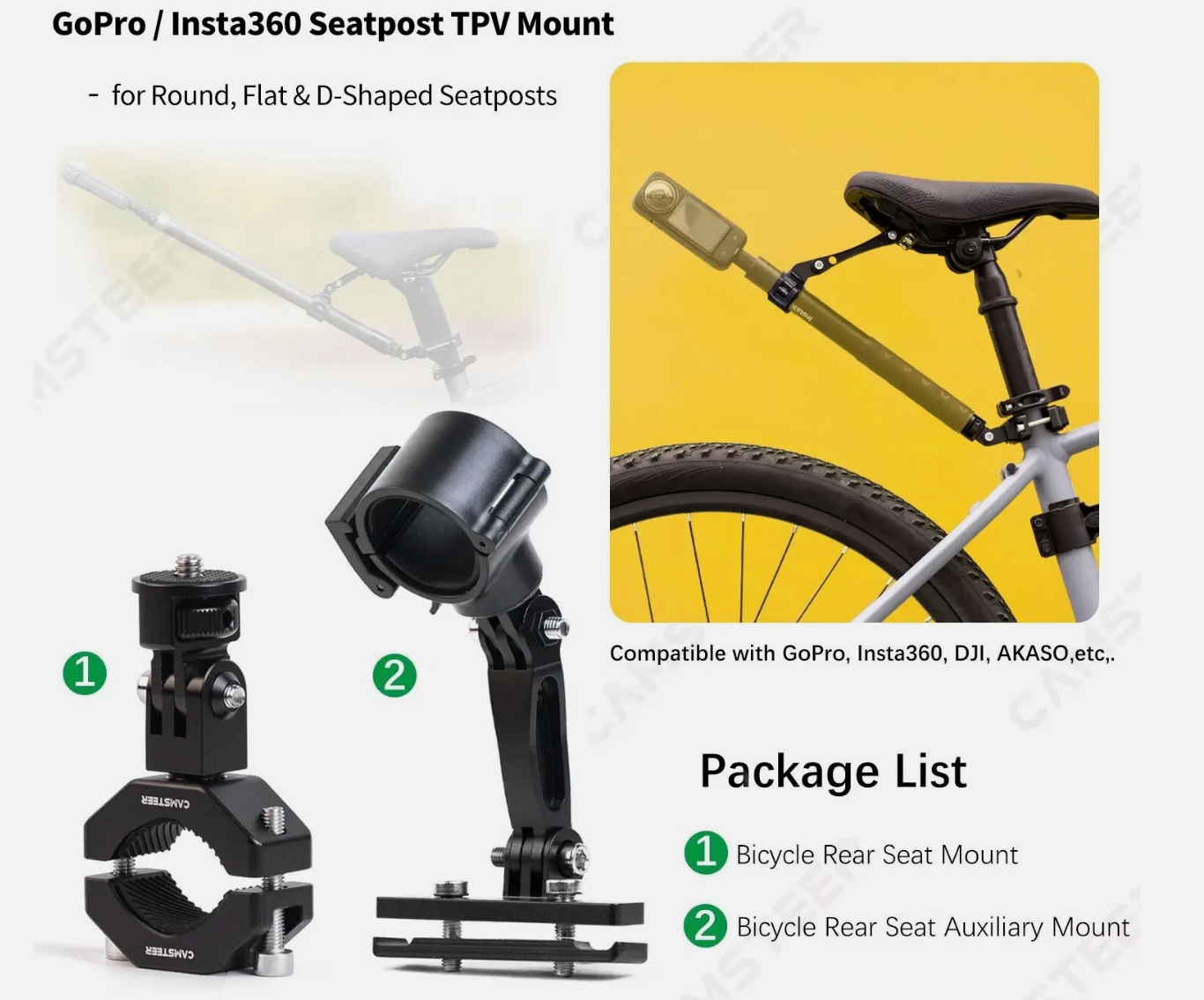 Camsteer Premium Bicycle Backseat Mount – Capture Epic Rides with Third-Person GoPro/Insta360 Views, Fits Hero 13 to DJI 5