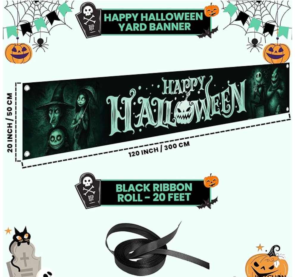 Happy Halloween Outdoor Sign, 120 x 20 Inch, Halloween Yard Banner, Halloween Decorations for Outdoors