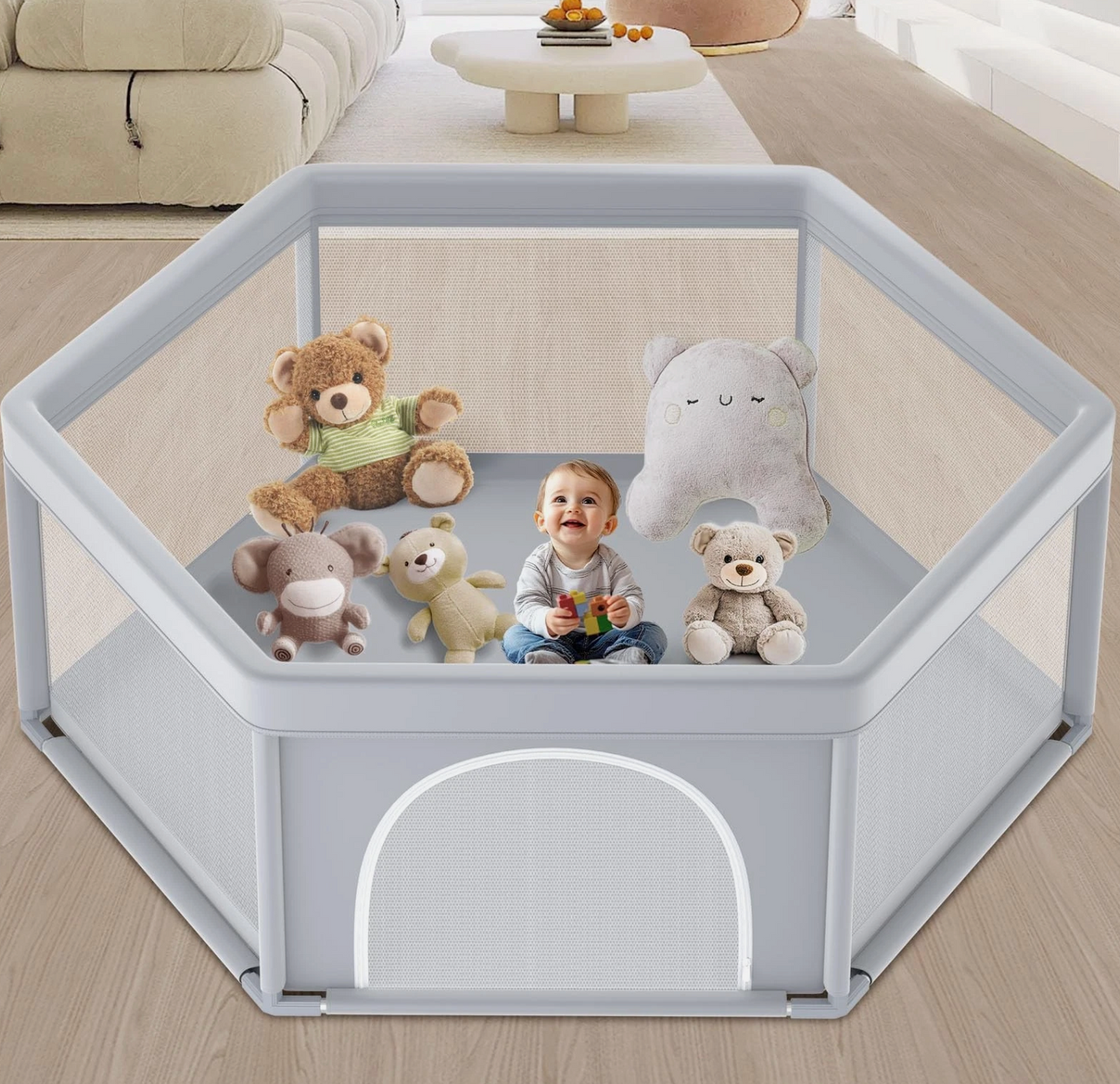 65×65 Inch Stylish Hexagonal Baby Playpen, Soft Play Pen for Babies and Toddlers, Safe Anti-Fall Baby Play Yards, Indoor & Outdoor Sturdy Safety Baby Activity Center,
