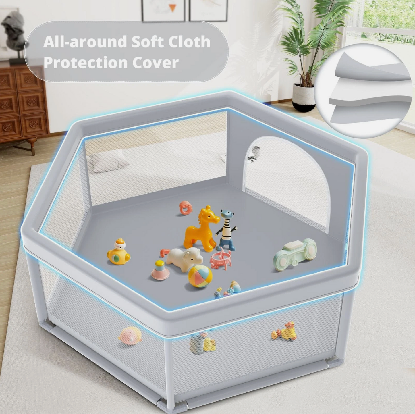 65×65 Inch Stylish Hexagonal Baby Playpen, Soft Play Pen for Babies and Toddlers, Safe Anti-Fall Baby Play Yards, Indoor & Outdoor Sturdy Safety Baby Activity Center,