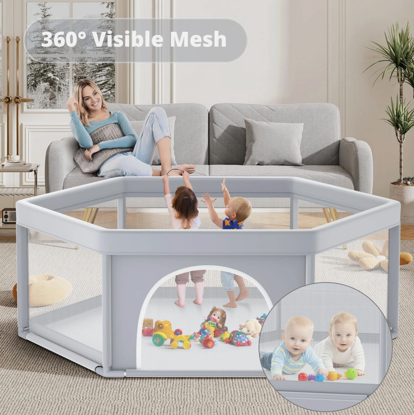 65×65 Inch Stylish Hexagonal Baby Playpen, Soft Play Pen for Babies and Toddlers, Safe Anti-Fall Baby Play Yards, Indoor & Outdoor Sturdy Safety Baby Activity Center,