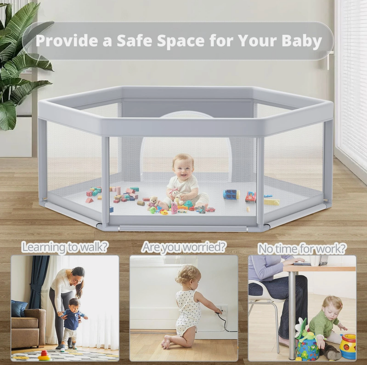 65×65 Inch Stylish Hexagonal Baby Playpen, Soft Play Pen for Babies and Toddlers, Safe Anti-Fall Baby Play Yards, Indoor & Outdoor Sturdy Safety Baby Activity Center,