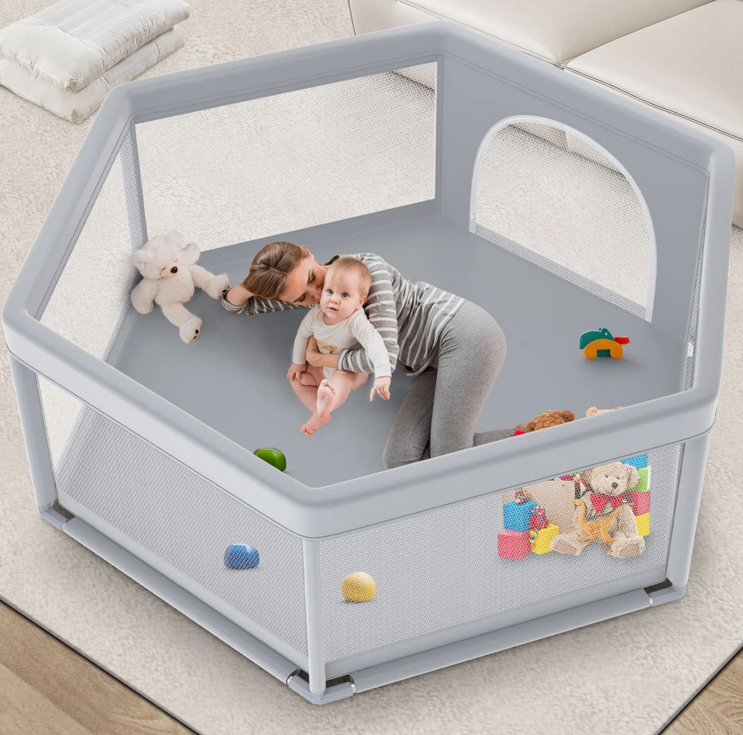 65×65 Inch Stylish Hexagonal Baby Playpen, Soft Play Pen for Babies and Toddlers, Safe Anti-Fall Baby Play Yards, Indoor & Outdoor Sturdy Safety Baby Activity Center,