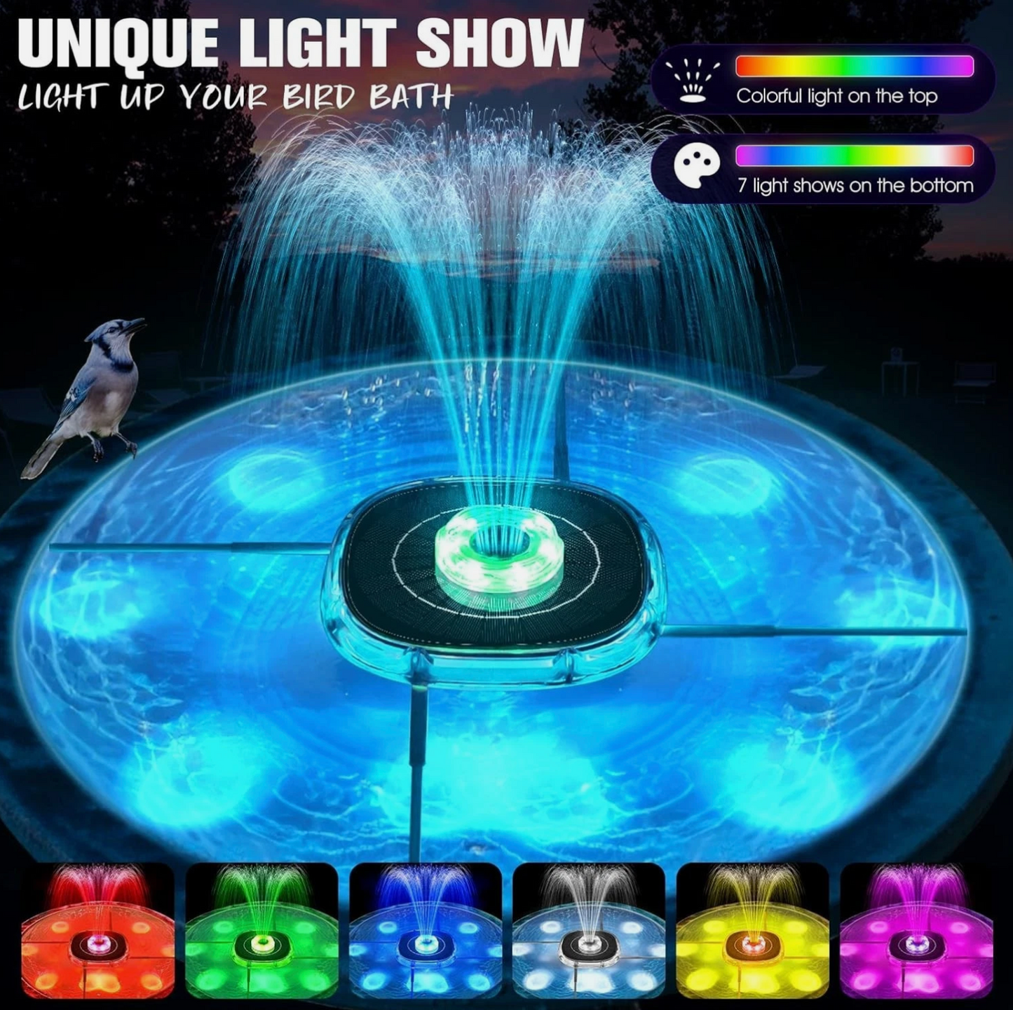 2025 Large Solar Fountain with Light Show Solar Pool Fountain with Anchor Square