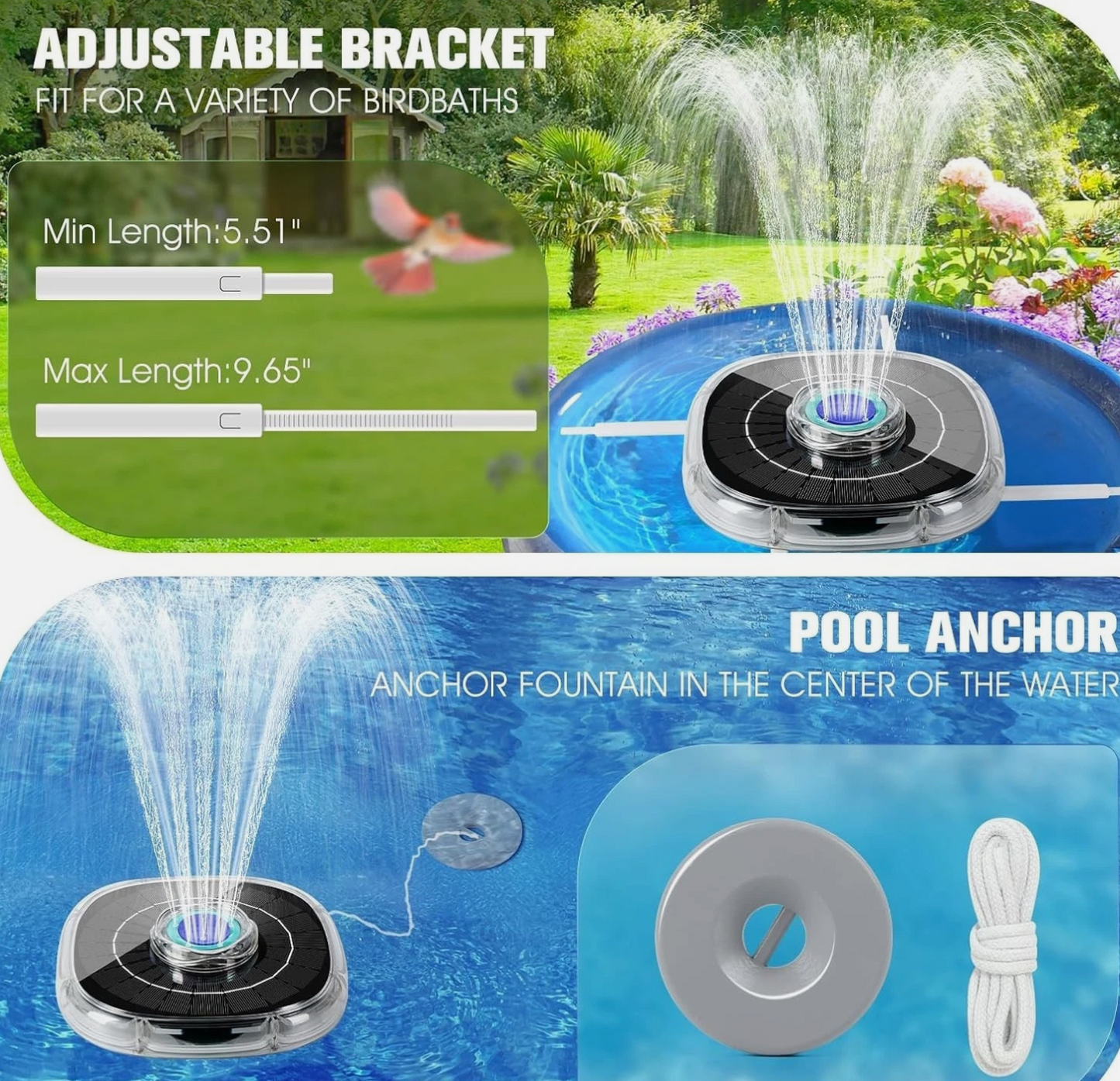 2025 Large Solar Fountain with Light Show Solar Pool Fountain with Anchor Square