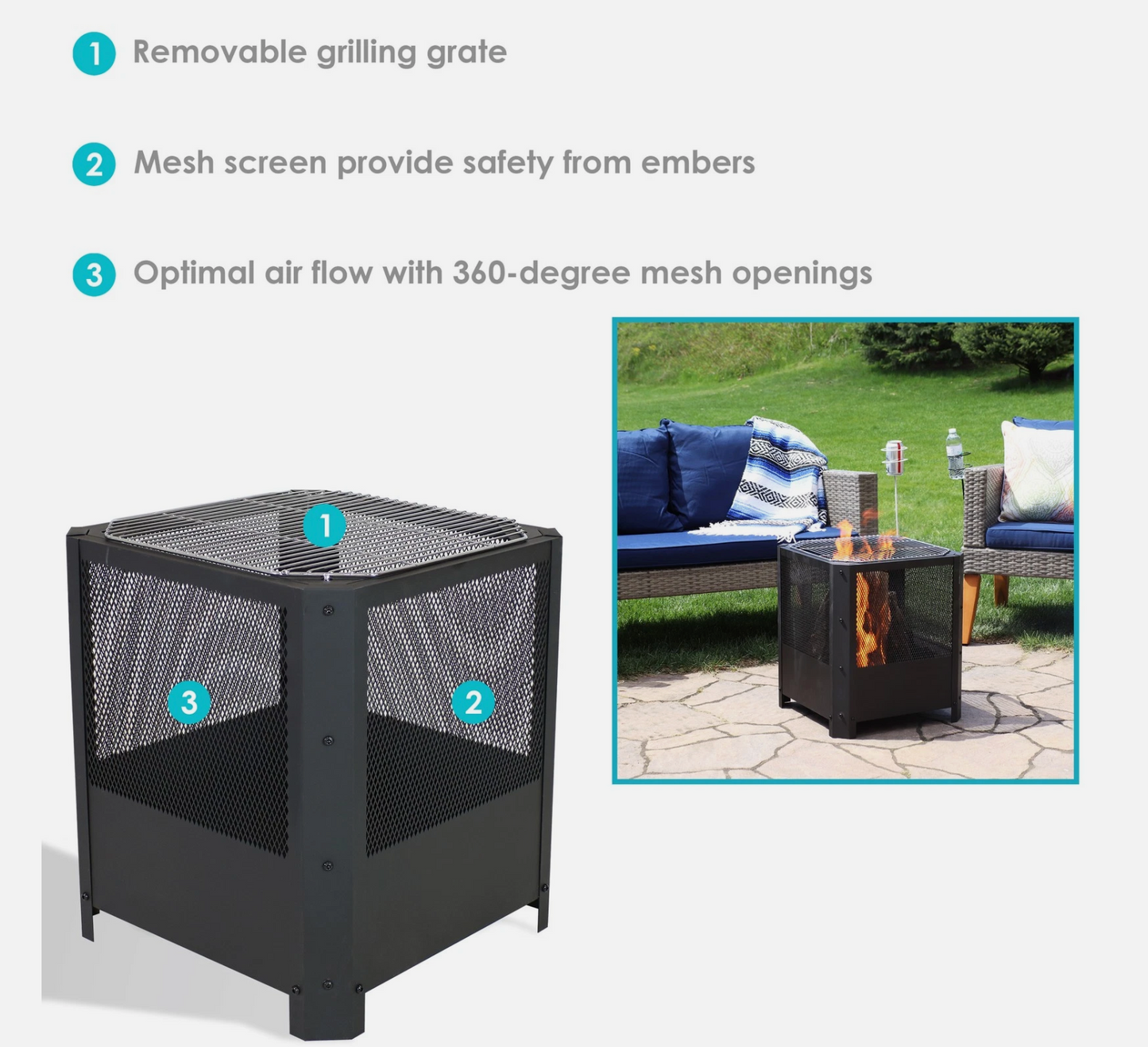 16 in Grelha Square Steel Fire Pit with Grilling Grate