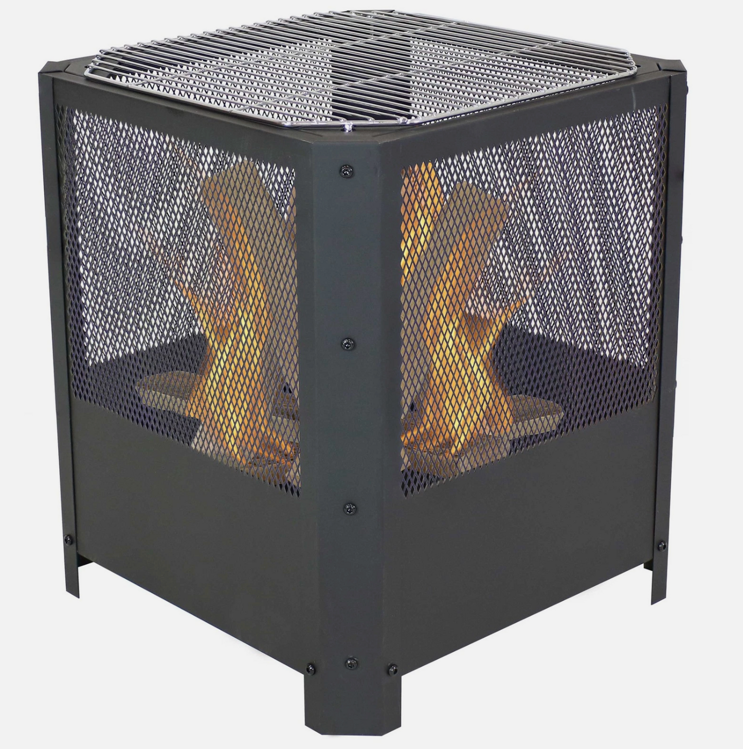 16 in Grelha Square Steel Fire Pit with Grilling Grate