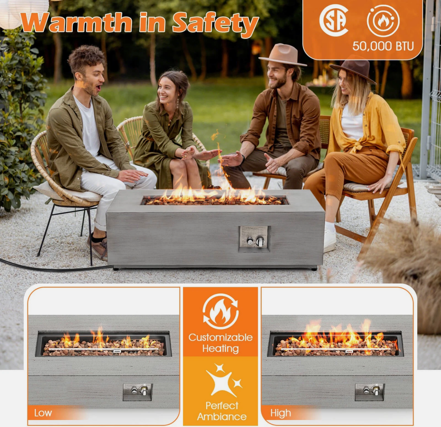 42” Outdoor Rectangular Fire Table 50,000 BTU Propane Gas Fire Pit Table w/ Lid