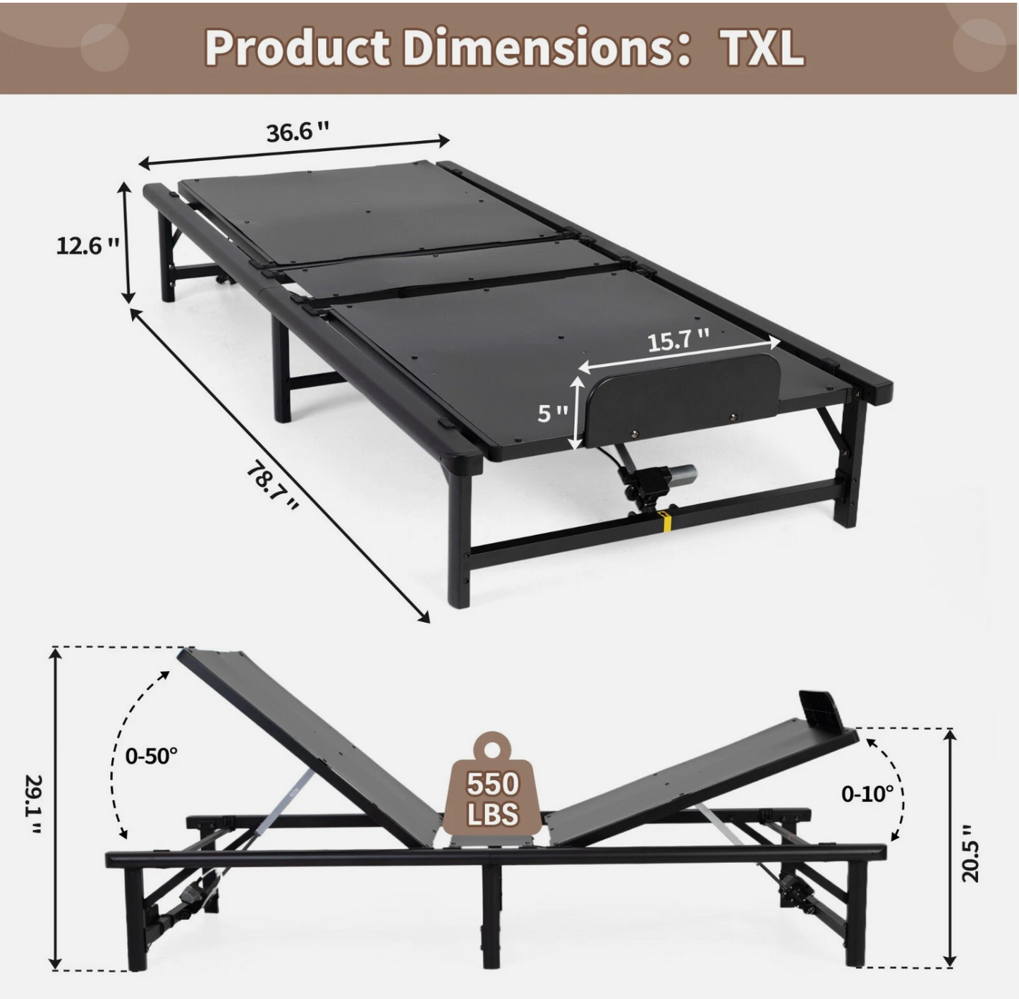 Twin XL Electric Bed Frame Head & Foot Incline Bed Base w/ Wired Remote Control