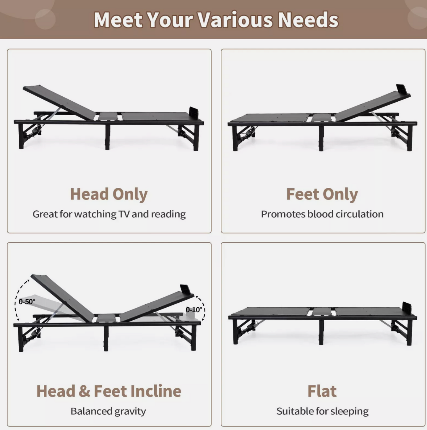 Twin XL Electric Bed Frame Head & Foot Incline Bed Base w/ Wired Remote Control
