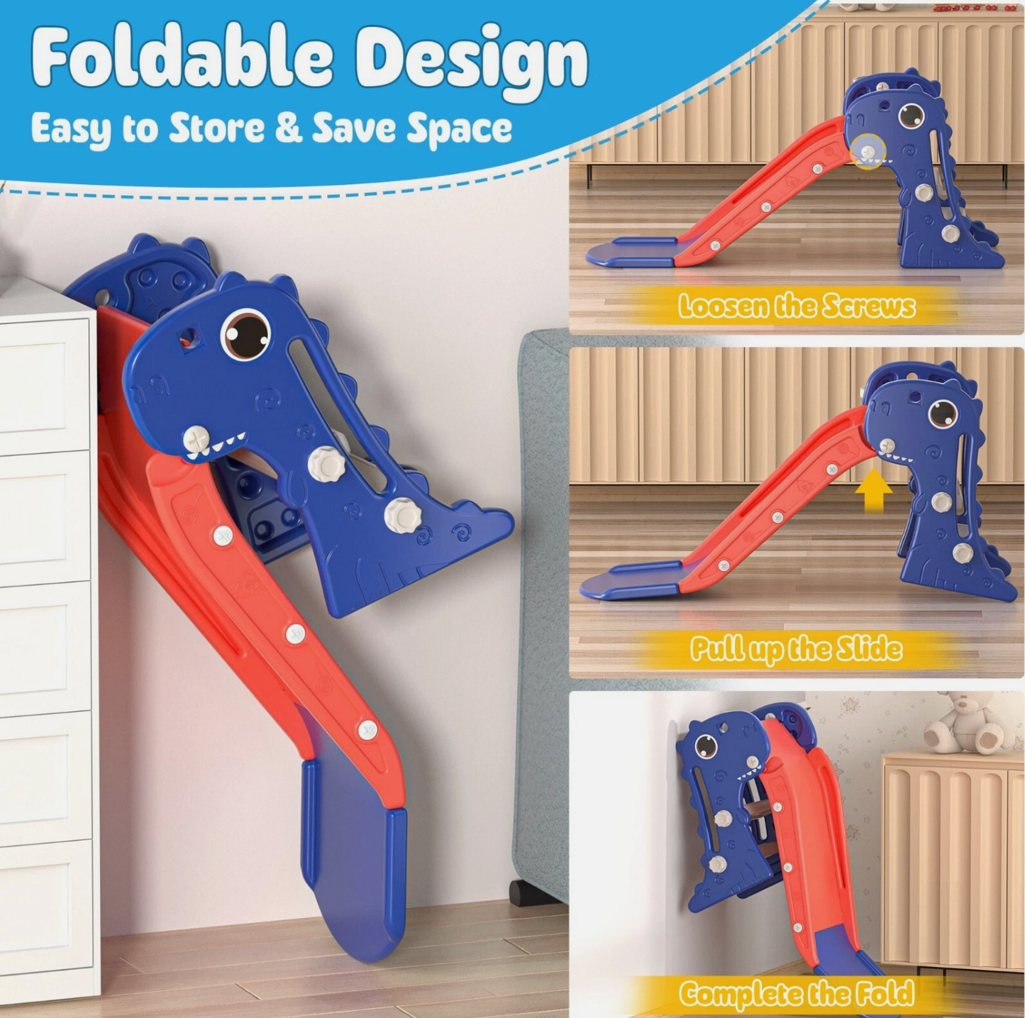 3 in 1 Foldable Toddler Large Slide,Kids Slide Climber Playset w/Ladder