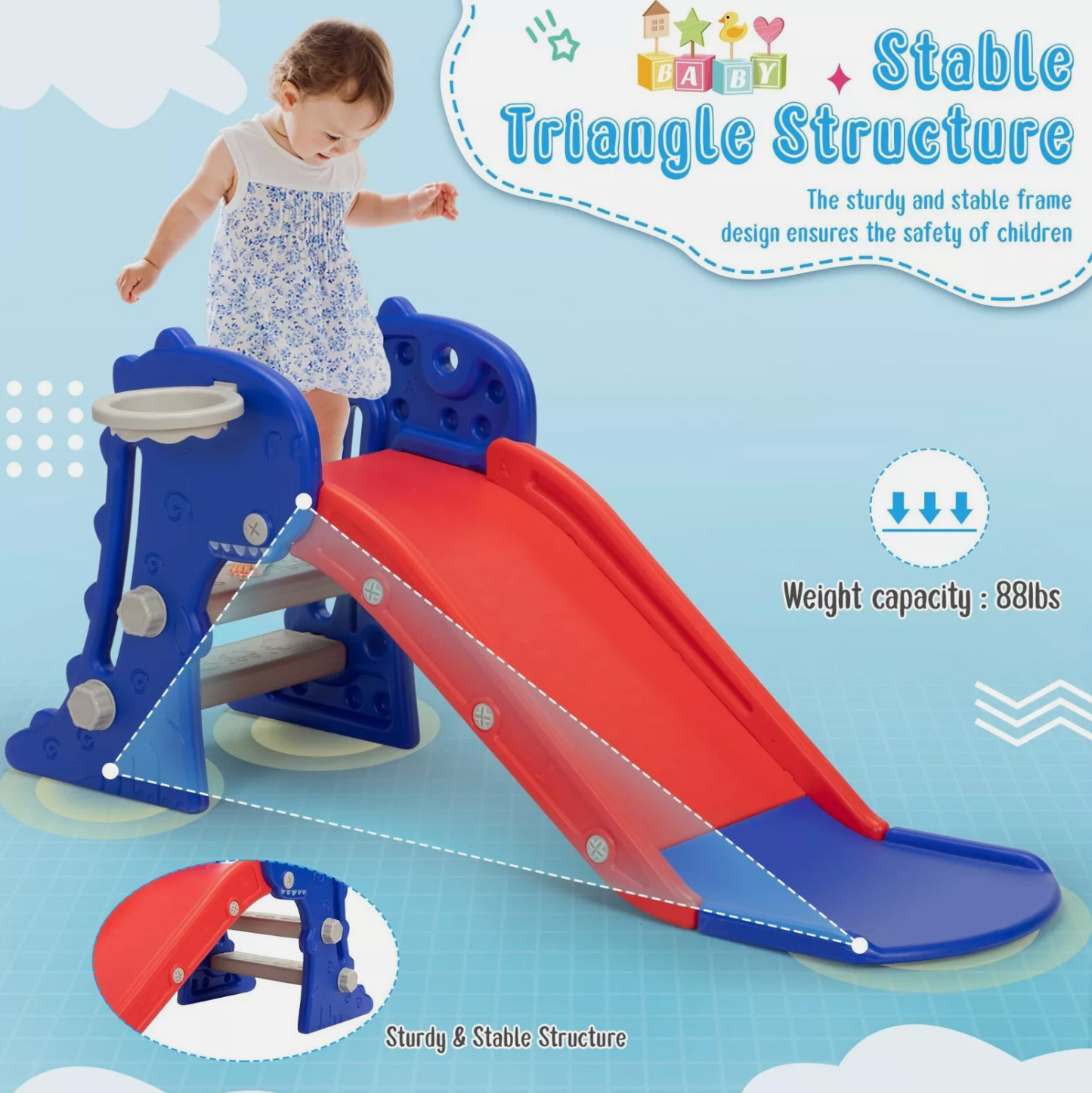 3 in 1 Foldable Toddler Large Slide,Kids Slide Climber Playset w/Ladder
