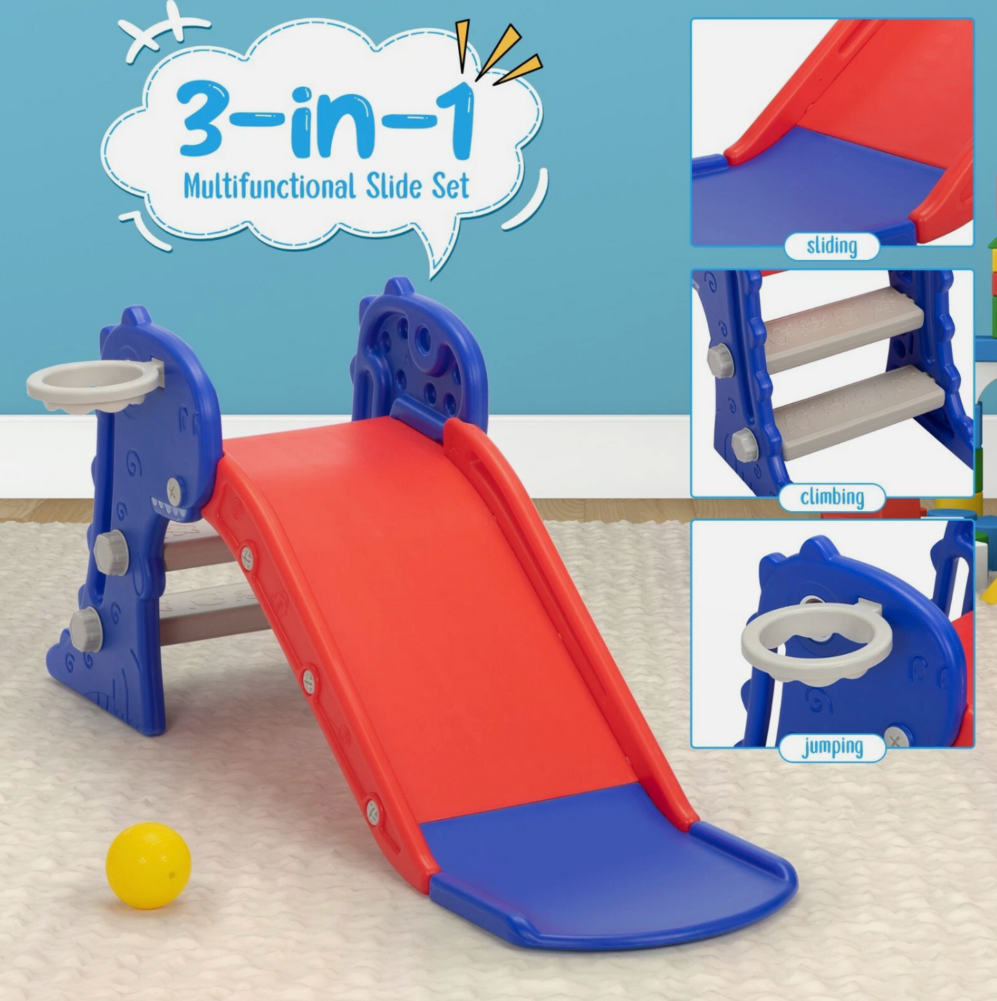 3 in 1 Foldable Toddler Large Slide,Kids Slide Climber Playset w/Ladder