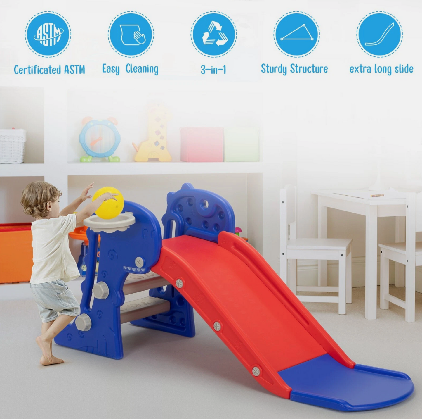 3 in 1 Foldable Toddler Large Slide,Kids Slide Climber Playset w/Ladder