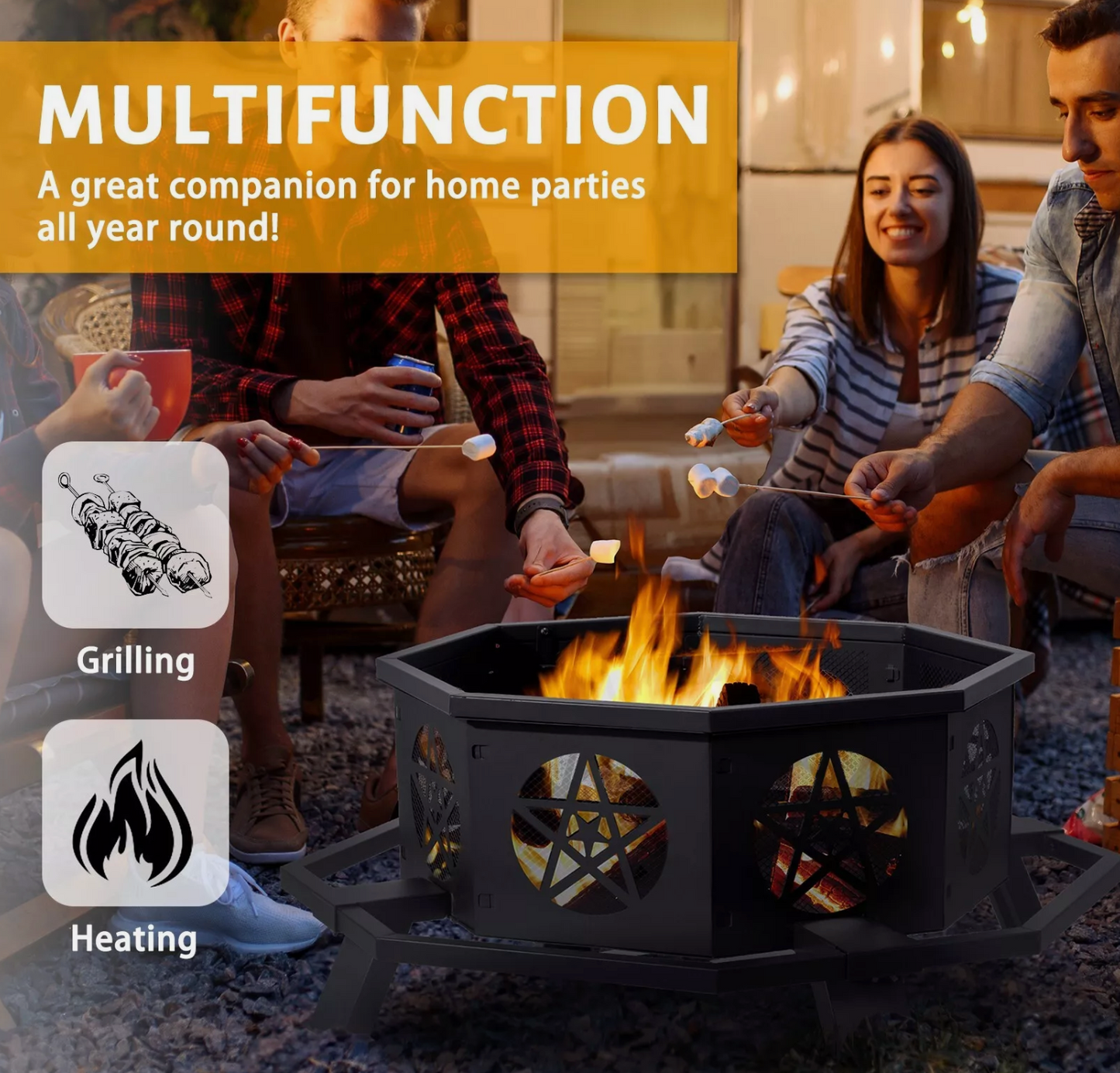 43 Inch Octagonal Outdoor Fire Pit Wood Burning Firepit Bonfire Camping Backyard
