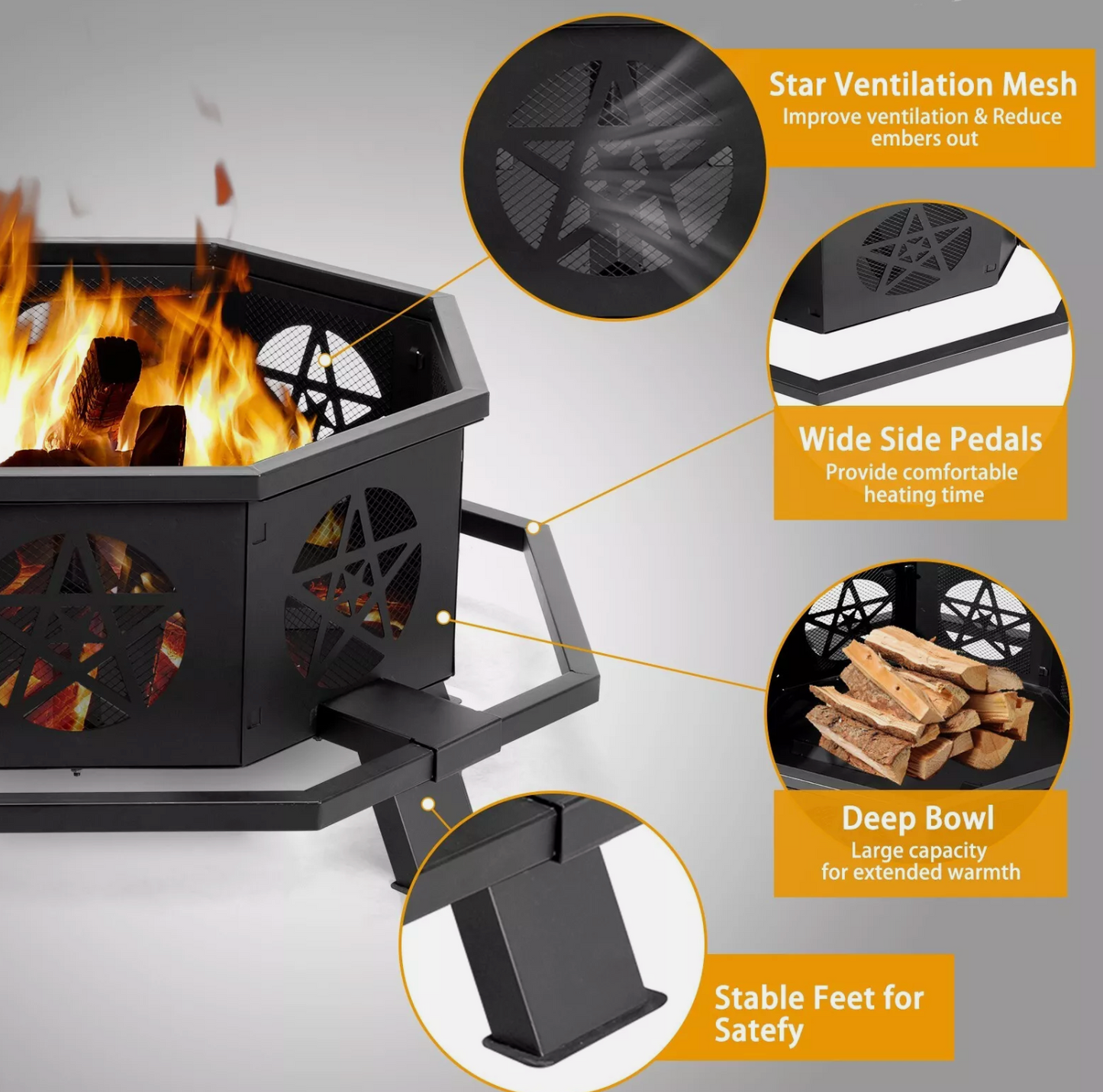 43 Inch Octagonal Outdoor Fire Pit Wood Burning Firepit Bonfire Camping Backyard