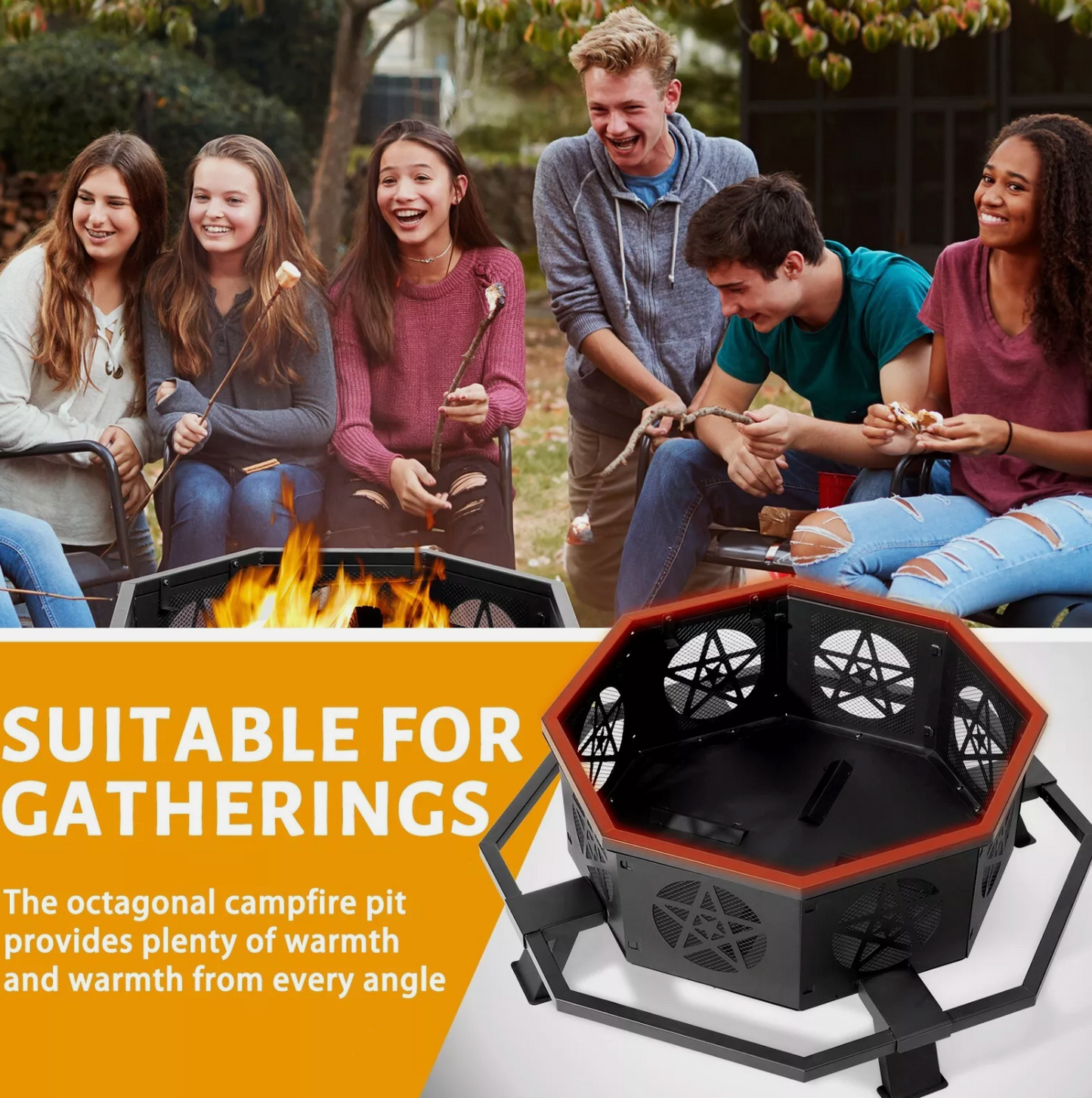 43 Inch Octagonal Outdoor Fire Pit Wood Burning Firepit Bonfire Camping Backyard