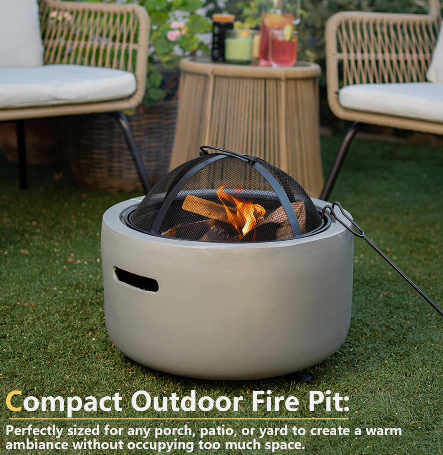 Barton MGO Concrete 18" Round Charcoal Wood Burning Firepit, Grate, BBQ Grill